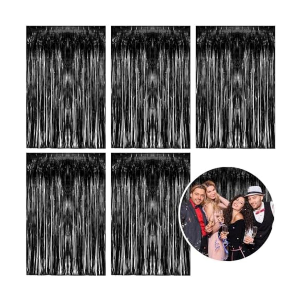 5 Pack Foil Curtain Backdrop Black Metallic Tinsel Foil Fringe Curtains Photo Booth Props for Birthday Wedding Engagement Baby Shower Bachelorette Christmas Holiday Celebration Party Decorations