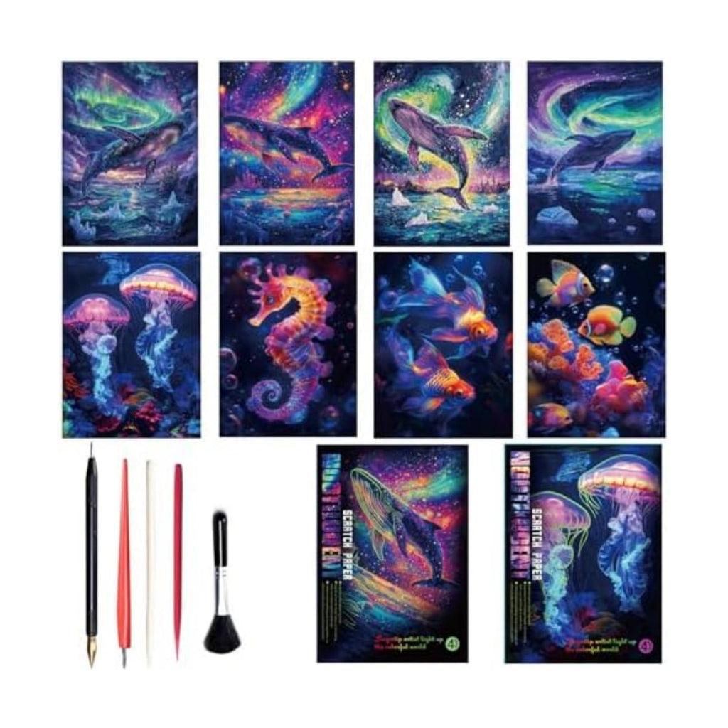 Georgie Porgy Scratch Paper Art Set for Kids Adults Magic Rainbow Scratchboards for DIY Arts and Crafts Kits Christmas Birthday Gift with Scratching Tools Kit (A4-Noctilucent Whale + Sea World)