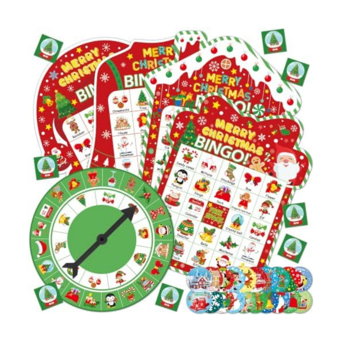 Christmas Bingo Game Cards for Adults 24 Players Christmas Party Bingo Games Winter Holiday Bingo Cards with Turntable Reward Stickers for Party Activities Home Family Party Game