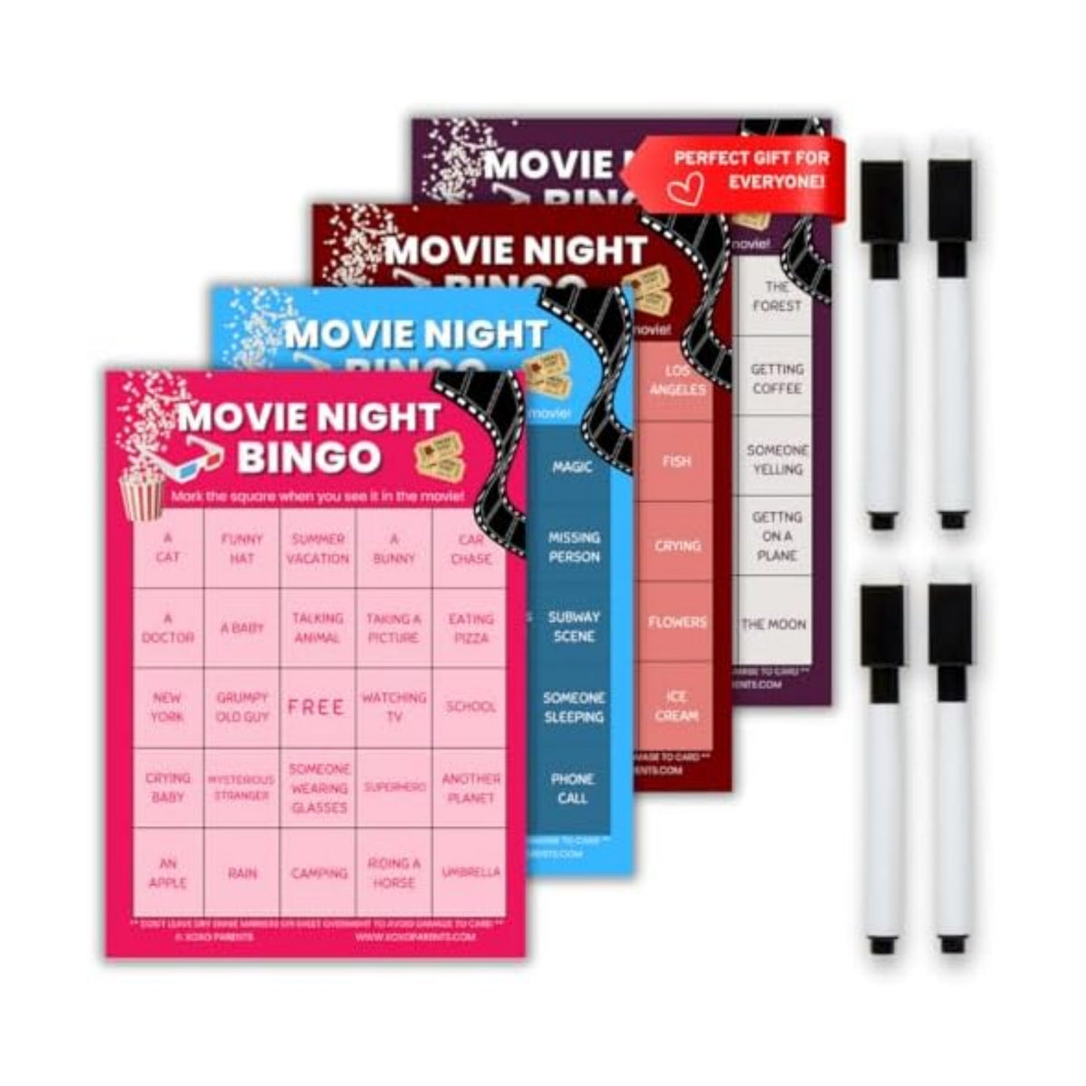 XOXO Parents Movie Night Bingo Cards, Reusable Game for Adults & Kids