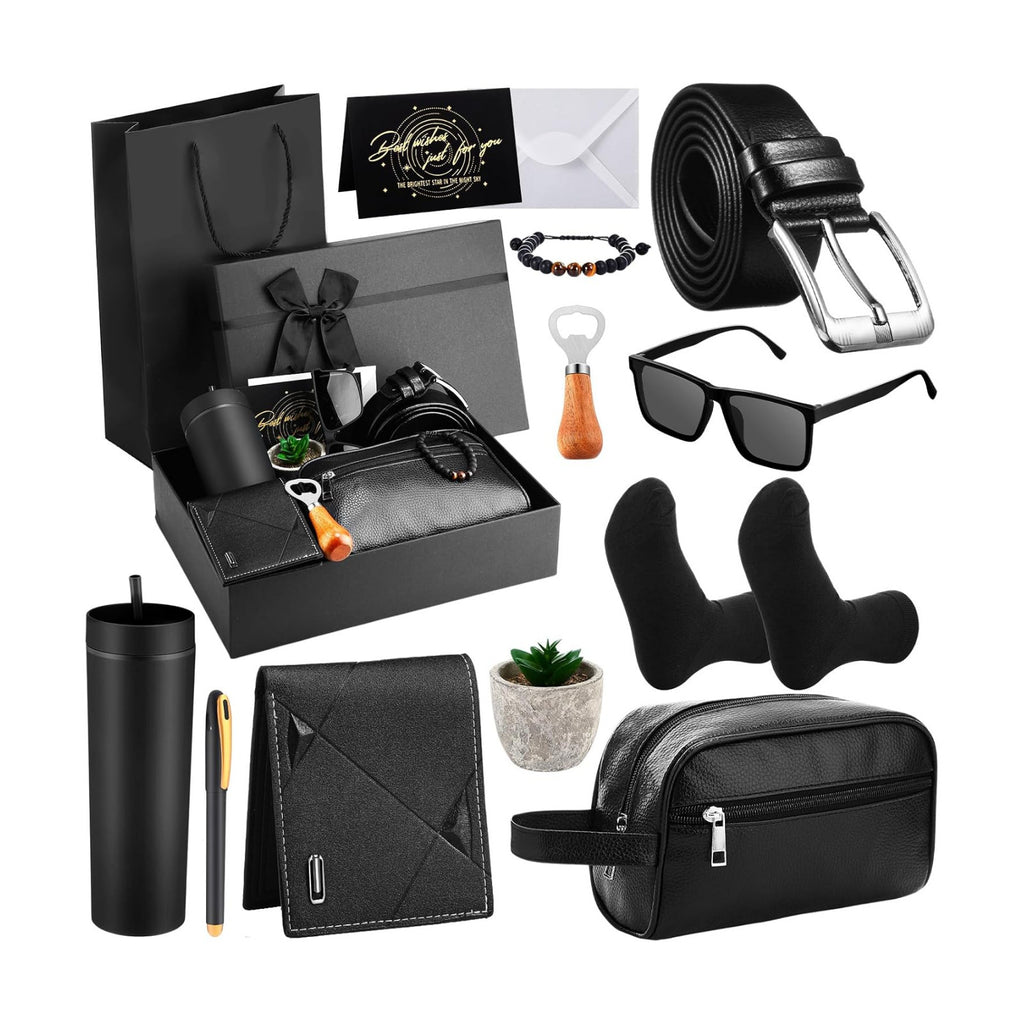Skylety 13 Pcs Birthdays Gifts Baskets for Men Father Gift for Men Birthdays Gift Box 16 oz Tumblers Wallet Toiletry Bag Sock Bottle Opener Belt Bracelet Glasses Pen for Father's Day Dad Husband