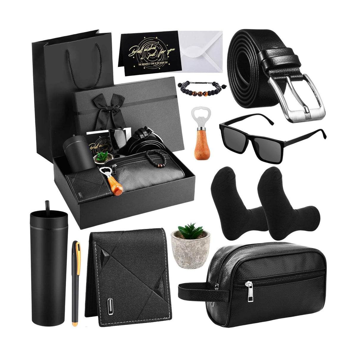 Skylety 13 Pcs Birthdays Gifts Baskets for Men Father Gift for Men Birthdays Gift Box 16 oz Tumblers Wallet Toiletry Bag Sock Bottle Opener Belt Bracelet Glasses Pen for Father's Day Dad Husband