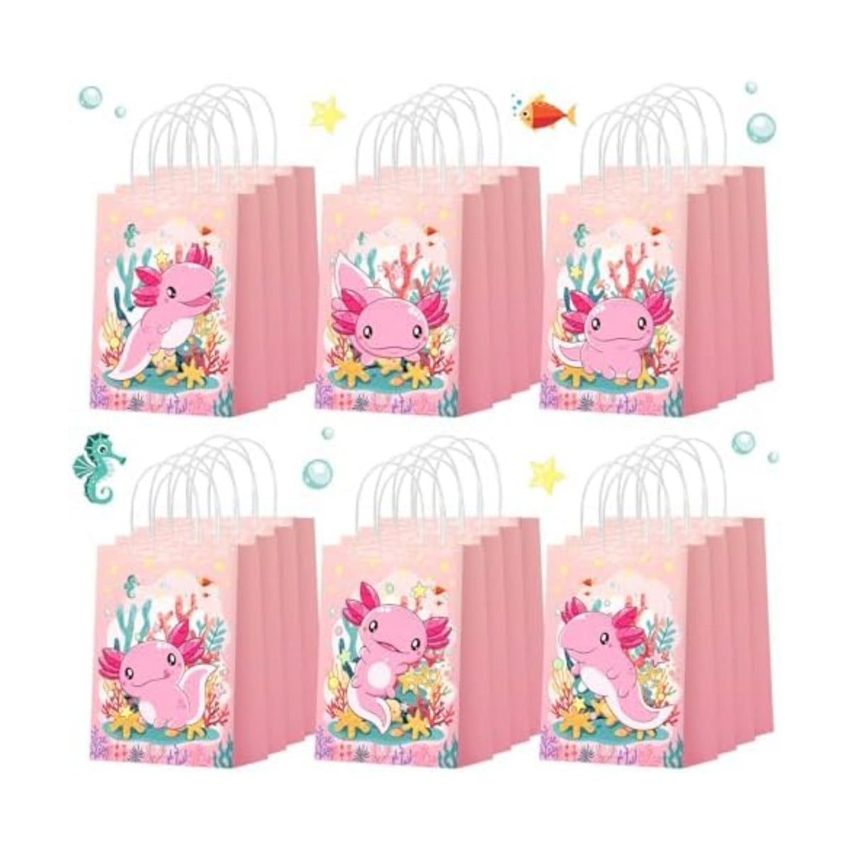 Kolldenn 24 Pcs Axolotl Party Bags with Handles, Axolotl Gift Paper Bag