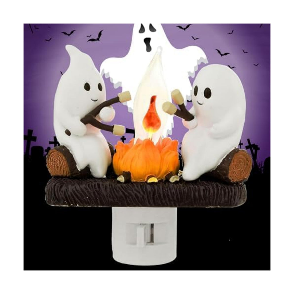 Halloween Ghost Campfire Night Light,Plug-in Wall Flickering Flame Nightlight,3D Cute Spooky Marshmallow Ghost Decoration for Bedroom,Spooky Season Home Halloween Decor for Kids Adults (Purple)