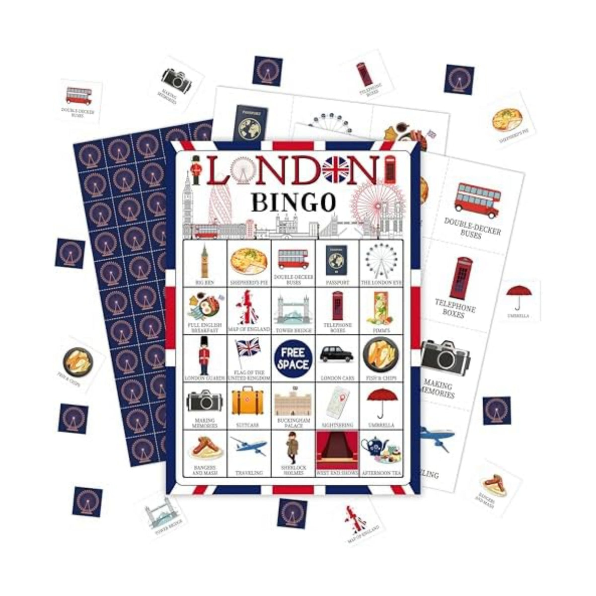 London Bingo Games, Travel Trip Bingo Cards, England Theme Party Game for Adults Family, Christmas Party Activities, 24 Bingo Sets, A003