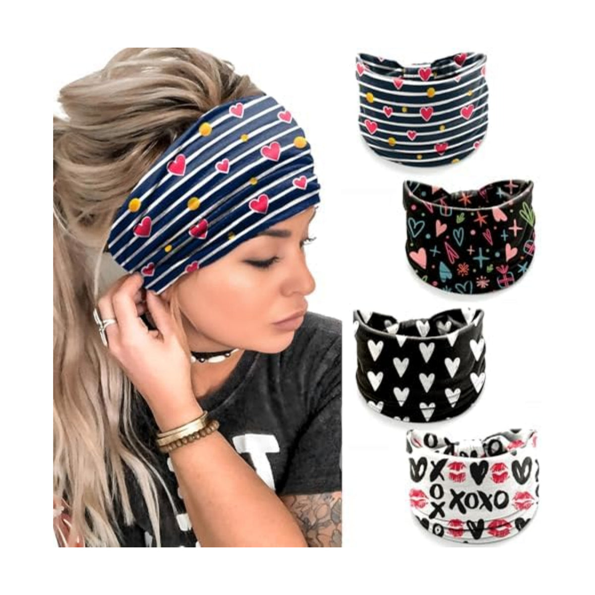 4 Pcs Valentine's Day Headbands for Women, Black White Wide Turban Dress Up Costume Breathable Stretchy Non Slip Head Wrap, Love Heart Pattern Holiday Fall Winter Hair Band for Yoga Running Party