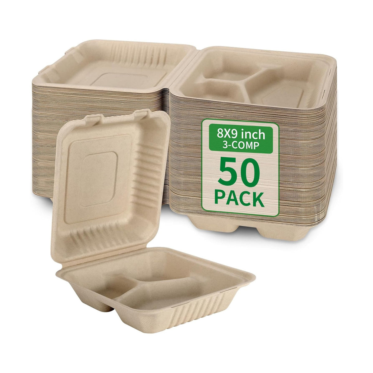 Aricsen Disposable 50 Pack 3 Compartment 8x9 Inch Take Out Food Containers
