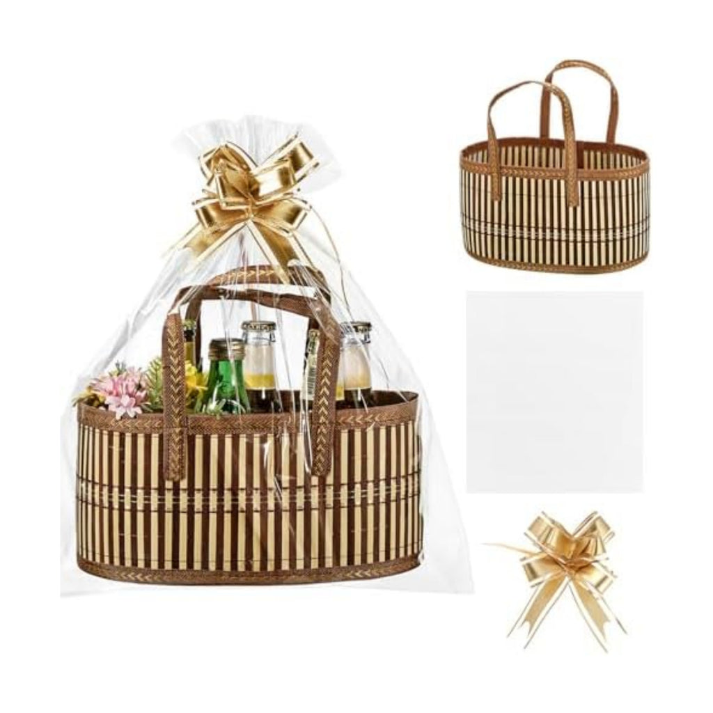 Reallnaive Baskets for Gifts Empty Sturdy Woven Bamboo Gift Basket with Gift Bags and Ribbons for Christmas Thanksgiving Birthday Mothers Day Housewarming Party Gift Wrapping, 12"x 8"x 6" (1 Set)
