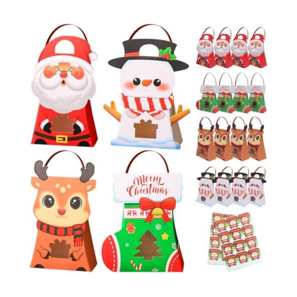 CcXxMming 30 PCS Christmas Party Favor Bags for Kids,Christmas Gift Bags with Handles, Paper Candy Boxes with Window,Xmas Goodie Boxes with Stickers for Children Winter Birthday（Medium）