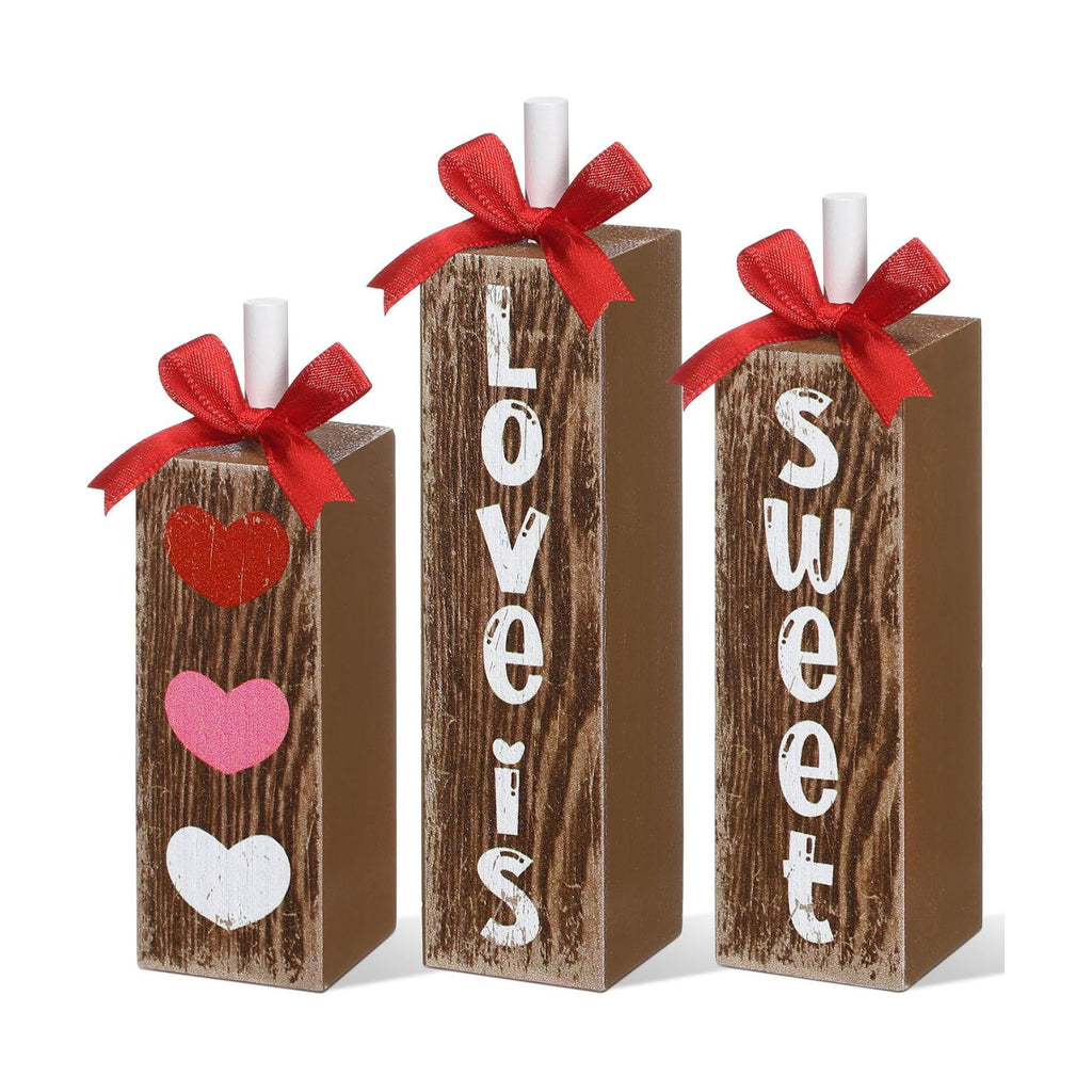 Redbaker 3pcs Valentine's Day Table Centerpieces Valentines Office Decor Wooden Block Sign Love Is Sweet Table Decoration Rustic Farmhouse Red Pink Heart Tiered Tray Decor for Home Office Mantel Desk