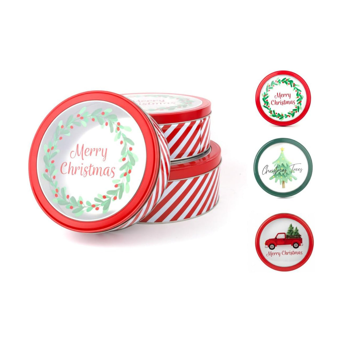 DAHO Christmas Holiday Cookie Tin Containers with Window, 3pc Nested Set, Holiday Cookie Tins with Lid for Gift Giving, Cookie, Treats, Cookies Party Favor and Gifts (Merry Christmas, Round Shape)