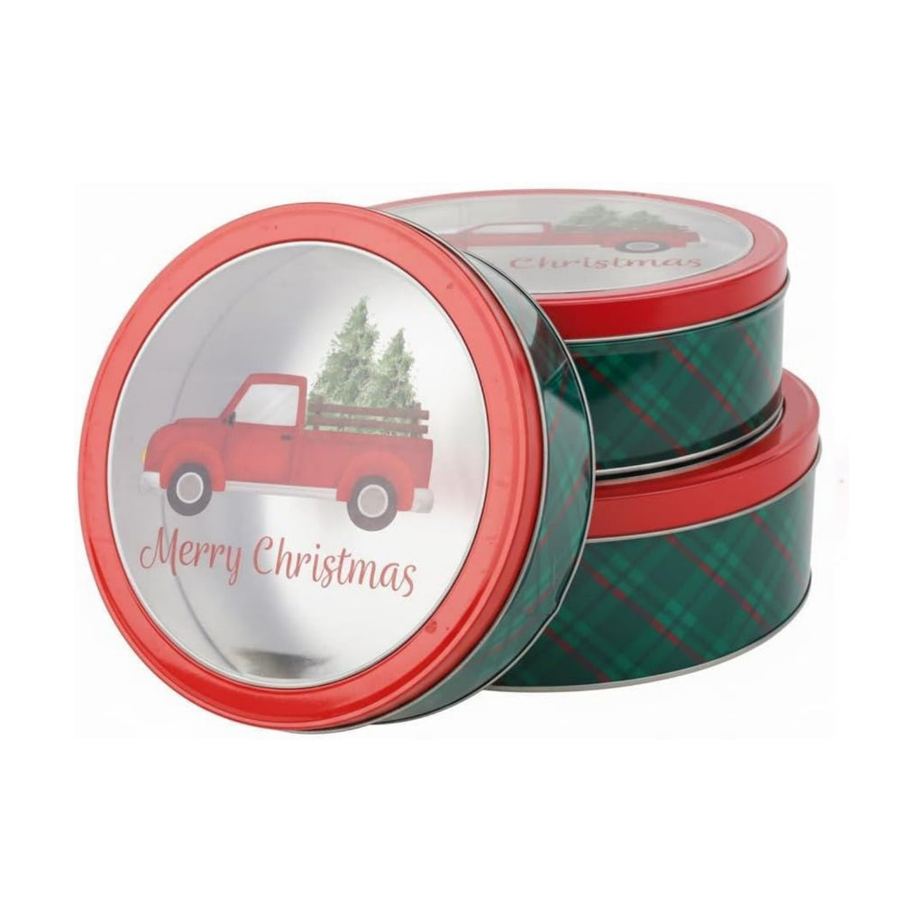 DAHO Christmas Holiday Cookie Tin Containers with Window, 3pc Nested Set, Holiday Cookie Tins with Lid for Gift Giving, Cookie, Treats, Cookies Party Favor and Gifts (Truck, Round Shape)