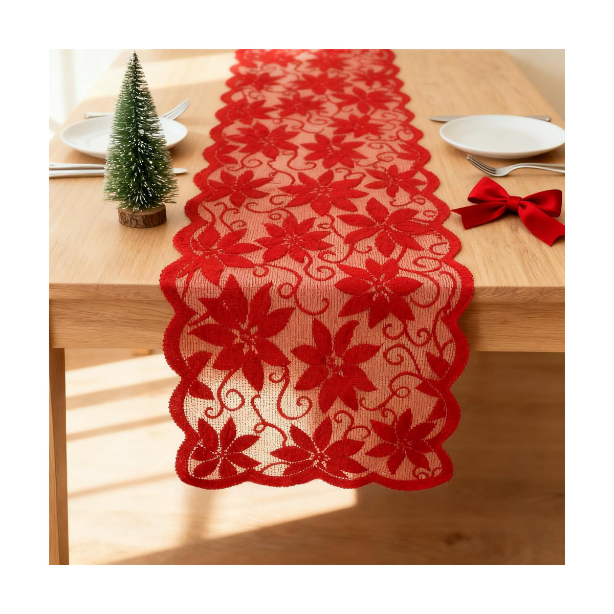 Red Lace Table Runners for Christmas Wedding Bridal Shower Baby Shower Party Table Decoration, Rustic Rose Embroidered Boho Table Runner,13 x 72 Inch (Red)