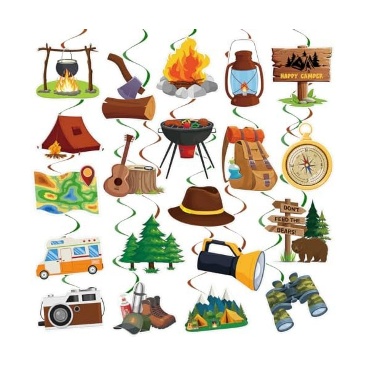 40Pcs Camping Hanging Swirl Decorations, Happy Camper Party Hanging Swirls Camping Adventure Bears Tent Telescope Sign Foil Swirls Ceiling Decorations for Camping Birthday Baby Shower Party Decor