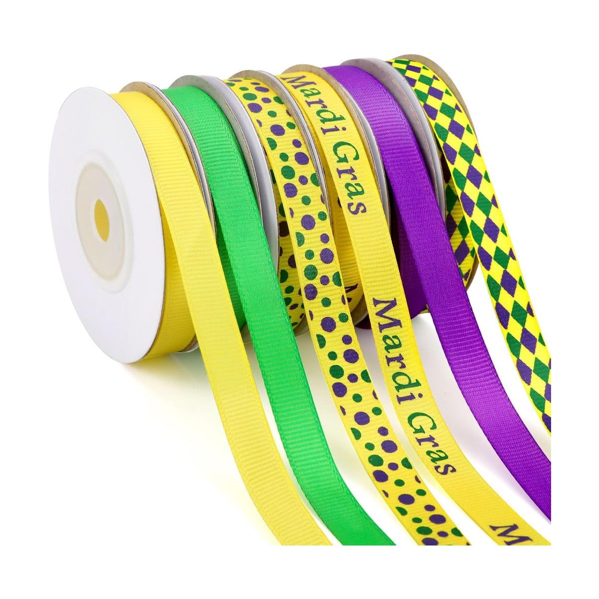 DECYOOL Mardi Gras Ribbon 6 Rolls 60 Yards Holiday Grosgrain Ribbons