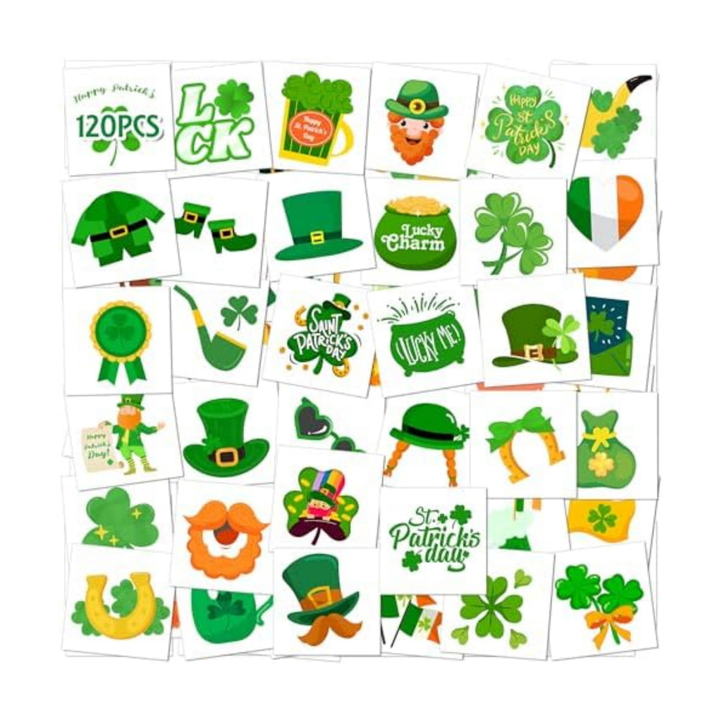 St. Patrick's Day Temporary Tattoos for Kids & Adults, 120 Irish Shamrock, Leprechaun, Gold Coins, Beer Mug Designs Waterproof & Easy to Apply Party Favors for Parade, School, Photo Booth, Cosplay