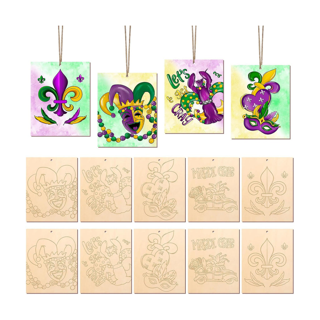 COCHIE 10 Pieces Large Mardi Gras Unfinished Wood Crafts to Paint for Adults, Bulk Predrilled Wooden Ornaments for Painting, Butterflies Paintable Wood Slices Craft Supplies with Ropes
