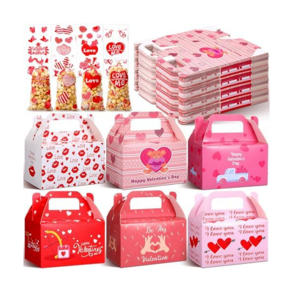 ReliThick 80 Pack Valentine's Day Treat Box with Cellophane Bags Heart Goodie Cookie Candy Boxes for Treats Valentine Gift Bag for Party(Chic)