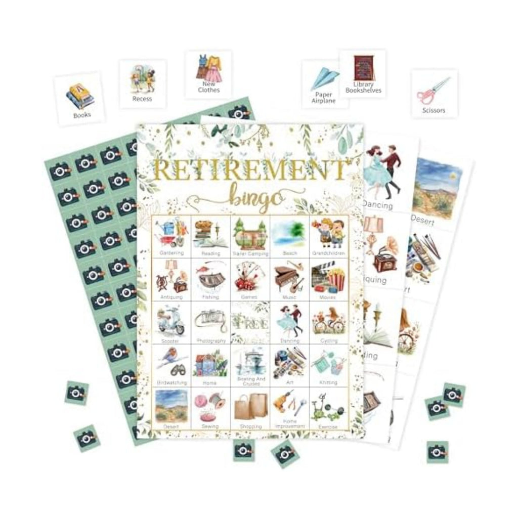 Retirement Bingo Game, Greenery Bingo Cards Set, Retirement Party Bingo Supplies for Adults, Family Friend Office Activities Favors Decorations for 24 Player, 01