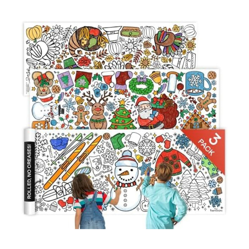 Tiny Expressions 3-Pack Large Holiday Coloring Tablecloth for Kids