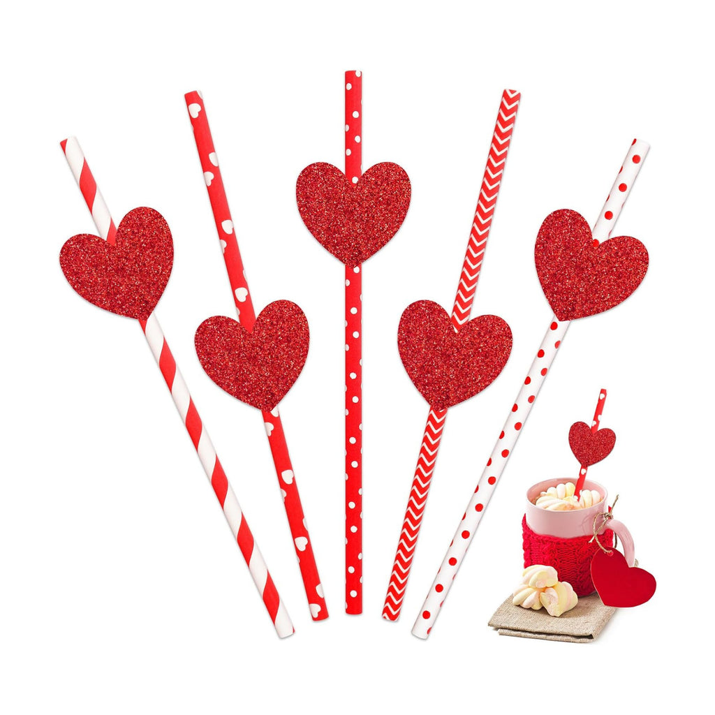 JarThenaAMCS 40Pcs Valentine's Day Paper Straws Red Glitter Heart Disposable Drinking Straws Romantic Decorative Straw for Wedding Birthday Party Supplies