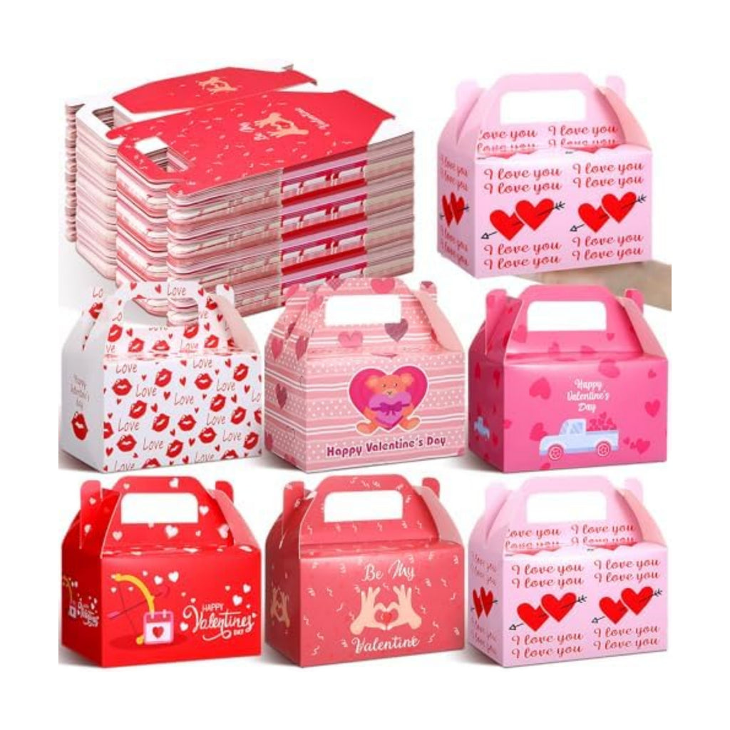 Zhanmai 36 Pack Valentines Treat Boxes with Handle Valentine Cookie Gable Container Heart Candy Goodie Box Cupcake Bakery Container Bulk for Exchange Party Favor Gift