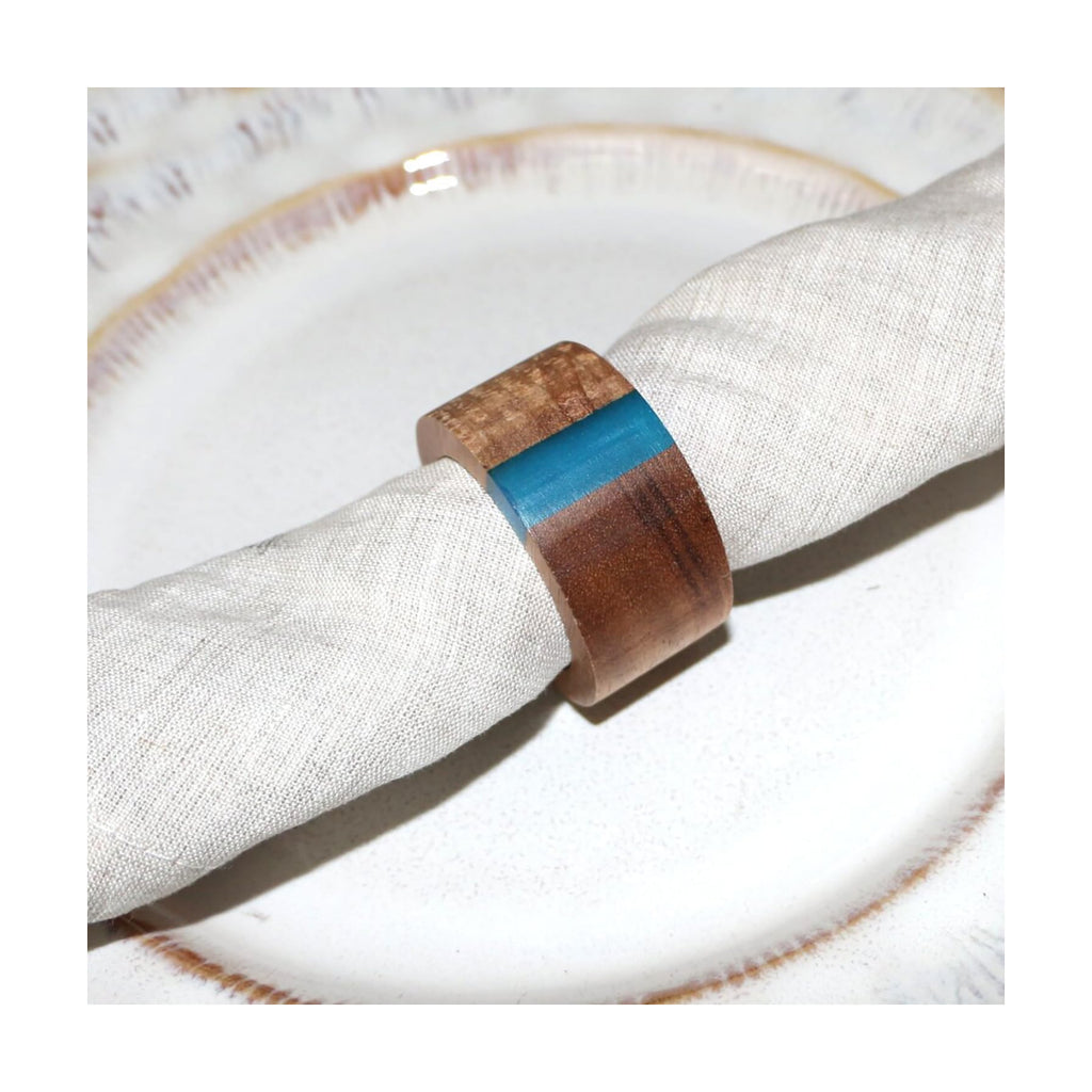 Wooden Napkin Rings Set of 8 for Dinning Table Decor - Acacia Wood Resin Napkin Holder Blue Napkin Ring for Home and Kitchen Décor (Round Shape)
