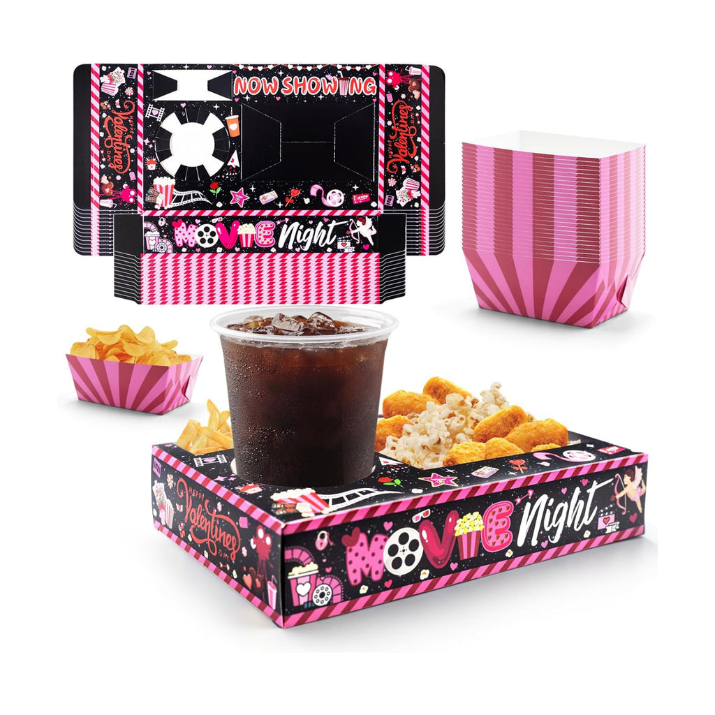 48 Pcs Valentine's Day Party Supplies - Movie Night Paper Snack Trays & Decorations - Heart Love Party Favors - Family Movie Popcorn & Drink & Candy Box
