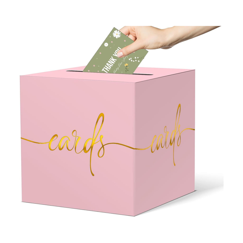 Light Pink Card Box with Gold Foil Design, Paperboard 8.7" Gift Card Holder for Wedding Graduation Birthday Party Reception Retirement Anniversary Bridal & Baby Shower