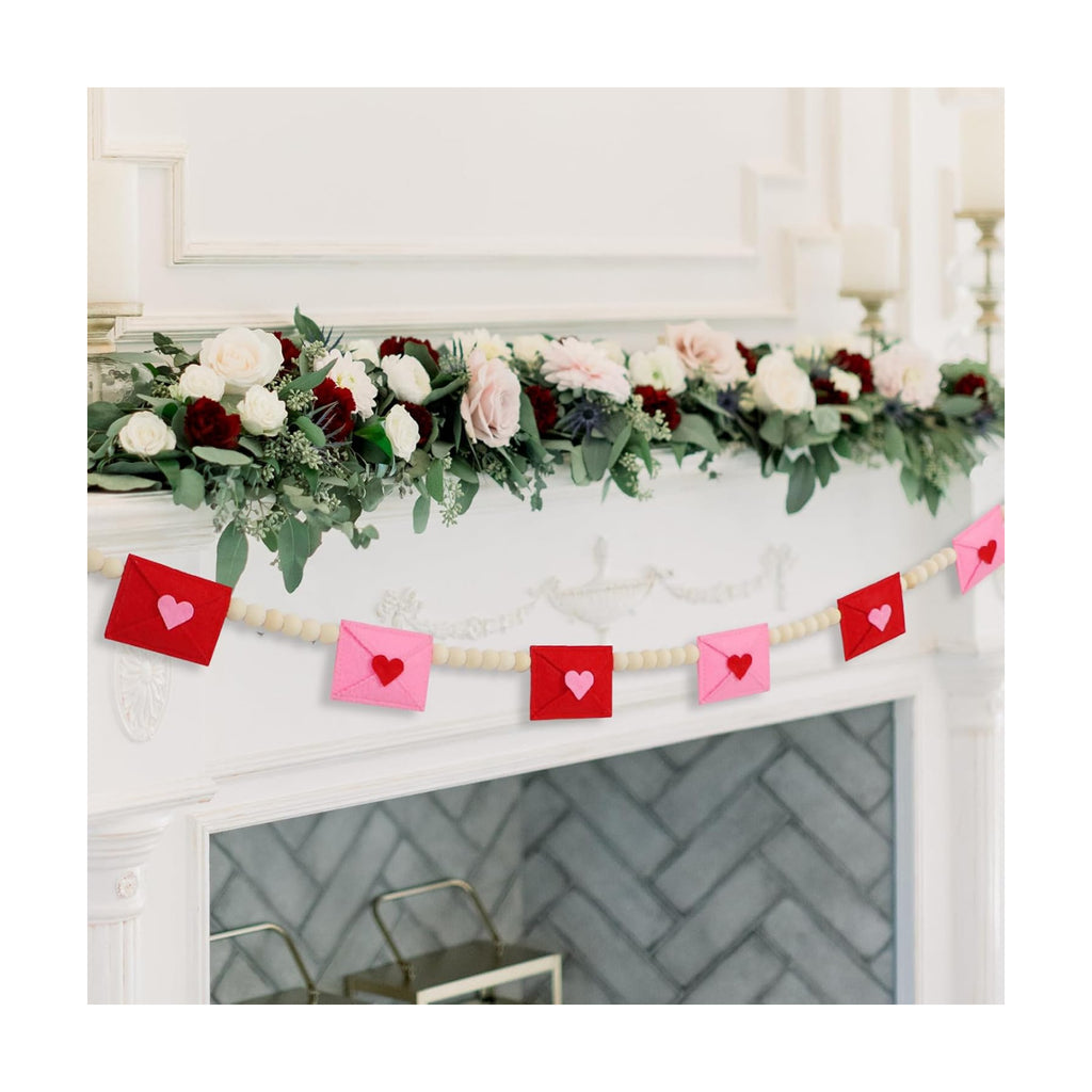 DAZONGE Retro Valentines Day Decor, Felt Envelope Wood Bead Valentines Garland Banner, Valentine’s Day Banner for Wedding, Anniversary Decor
