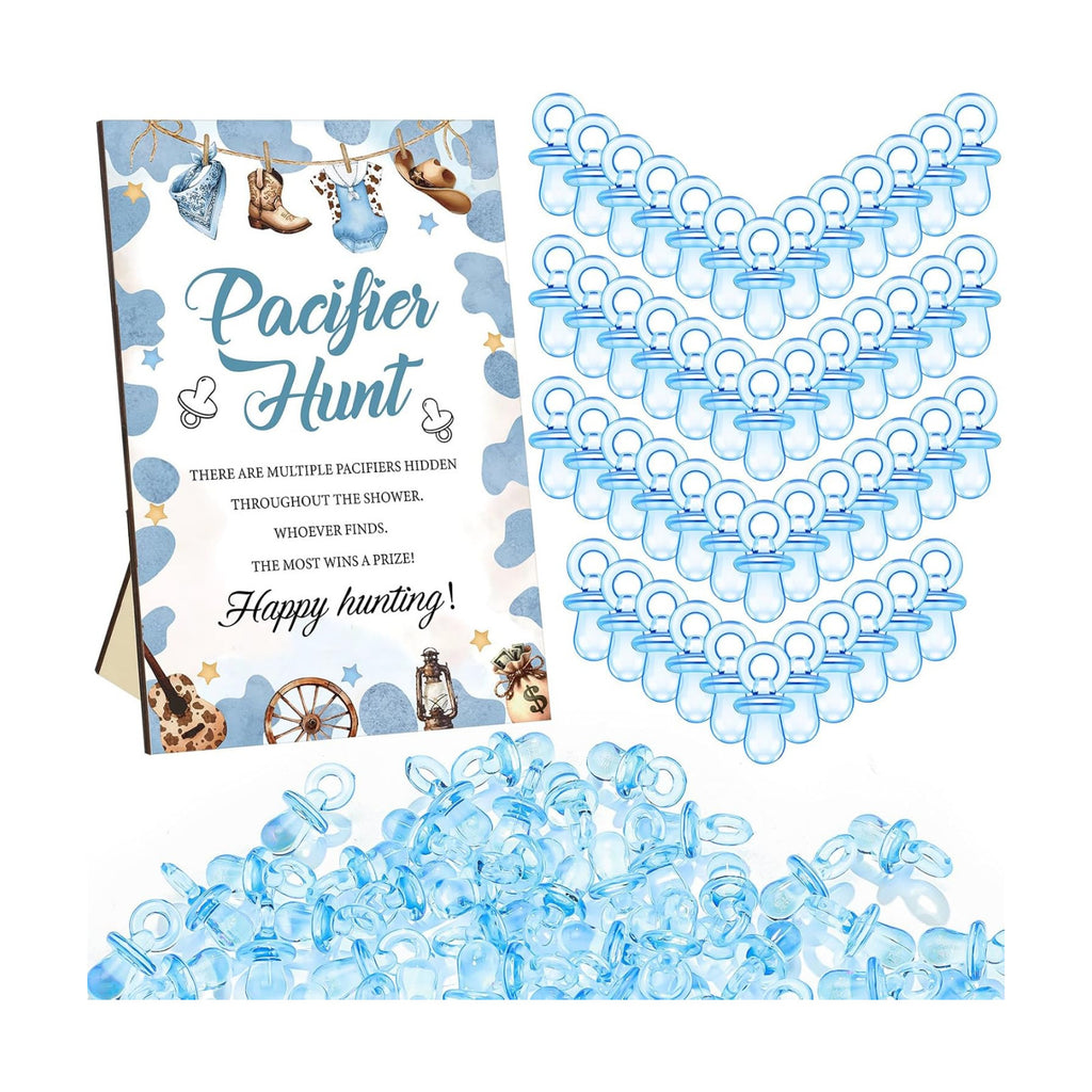 Thyle 51 Pcs Cowboy Pacifier Hunt Baby Shower Games Boys Include Hunt Sign and 50 Acrylic Pacifiers for a Little Cowboy Is on The Way Theme Baby Shower Game Decoration for Gender Reveal Party Decor