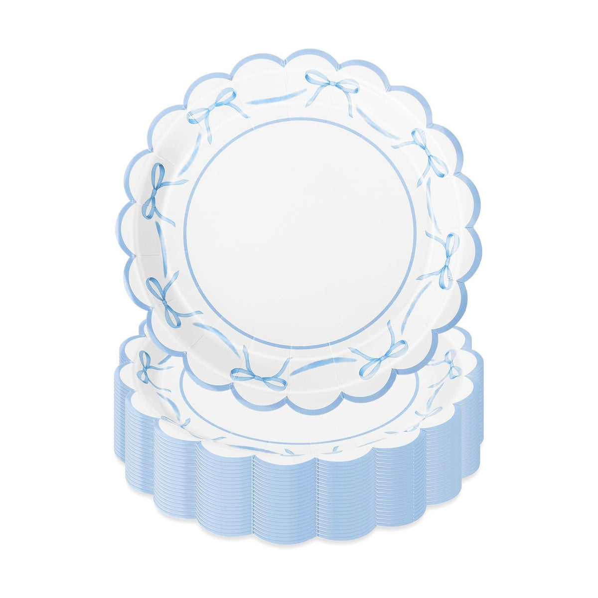 JarThenaAMCS 50Pcs Blue Bow Paper Plate Scalloped Bowknot Baby Shower Disposable Plate 9 Inch Decorative Dinner Plates for Birthday Party Table Decor