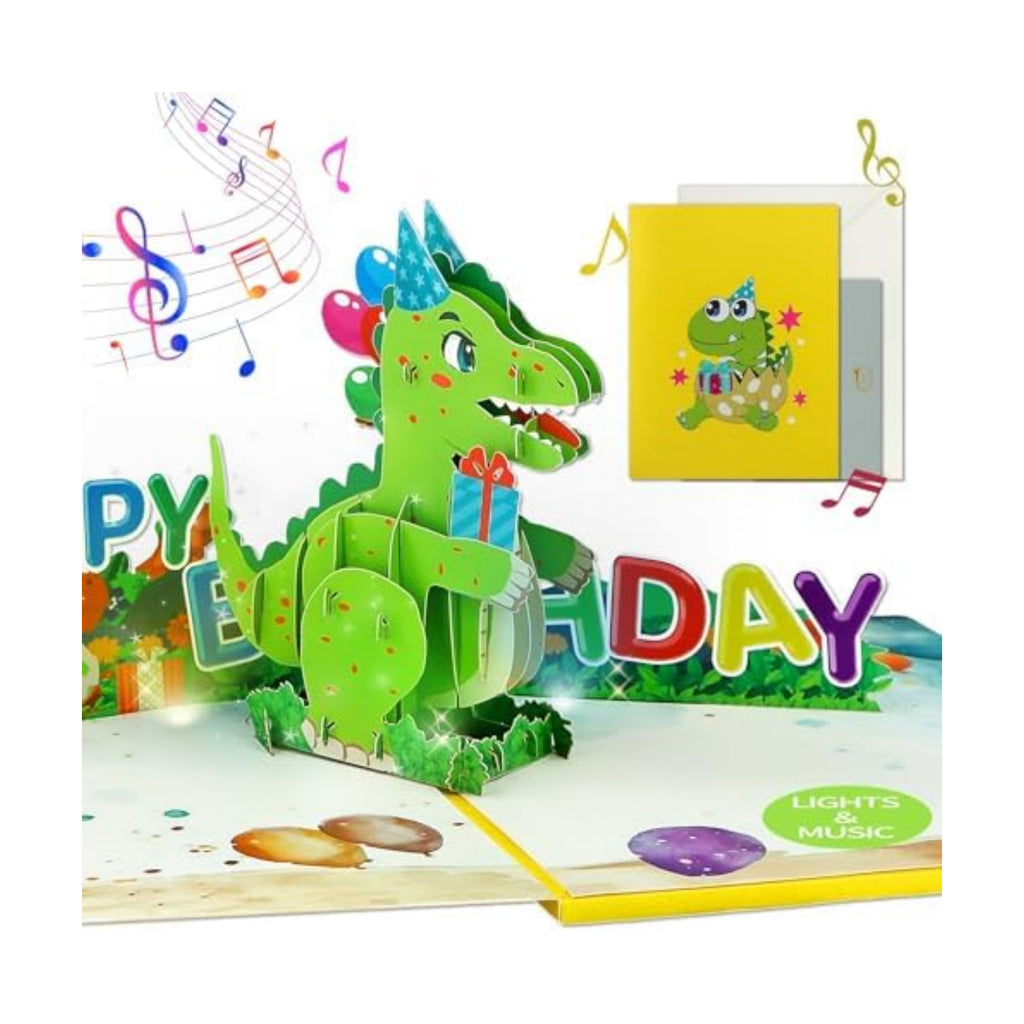 FaCraft Dinosaur Musical Birthday Cards for Kids - Music & Light 3D T-Rex