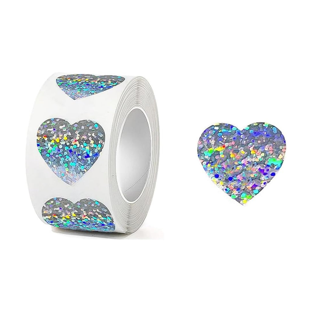 500 PCS Silver Glitter Heart Stickers, 1.5inch Silvery Metallic Sparkling Stickers Self Adhesive Waterproof Reflective Love Decorative Labels for envelopes Valentine's Day Mother's Day Decor