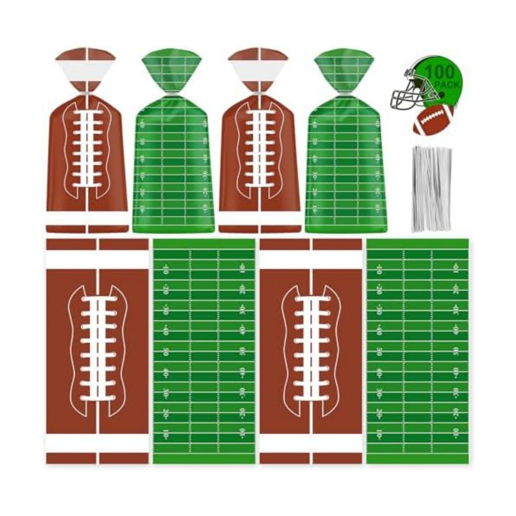 100 Pcs Football Goodie Bags - Brown Green Football Treat Bags, Plastic Rugby Sport Cellophane Snack Gift Candy Goody Bag with Silver Twist Ties for Sports Team Events Birthday Party Favors Supplies
