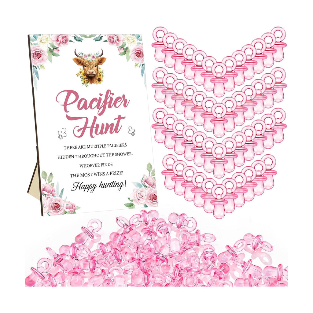 Thyle 51 Pcs Highland Cow Pacifier Hunt Baby Shower Games for Girls Include Hunt Sign and 50 Acrylic Pacifiers Boho Pink Floral Baby Shower Game Decoration Gift Sets for Gender Reveal Party Decor