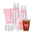 Whaline 50 Pcs Pink Bow Disposable Plastic Cups with Lids and Straws 12 Oz Lovely Bowknot Cold Beverage Drinking Cups for Wedding Birthday Bridal Baby Shower Party Supplies