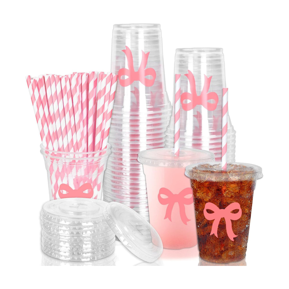 Whaline 50 Pcs Pink Bow Disposable Plastic Cups with Lids and Straws 12 Oz Lovely Bowknot Cold Beverage Drinking Cups for Wedding Birthday Bridal Baby Shower Party Supplies