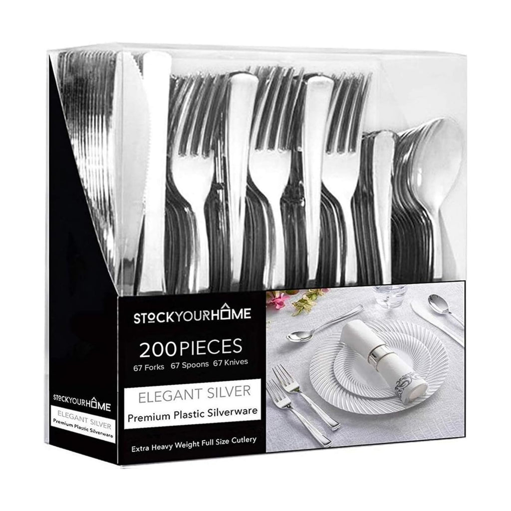 Silver Plastic Silverware Set (200-Pack) – Disposable Heavy Duty Cutlery, 67 Forks, 67 Knives, 67 Spoons for Parties, Weddings, Dinners & Holidays, Stock Your Home