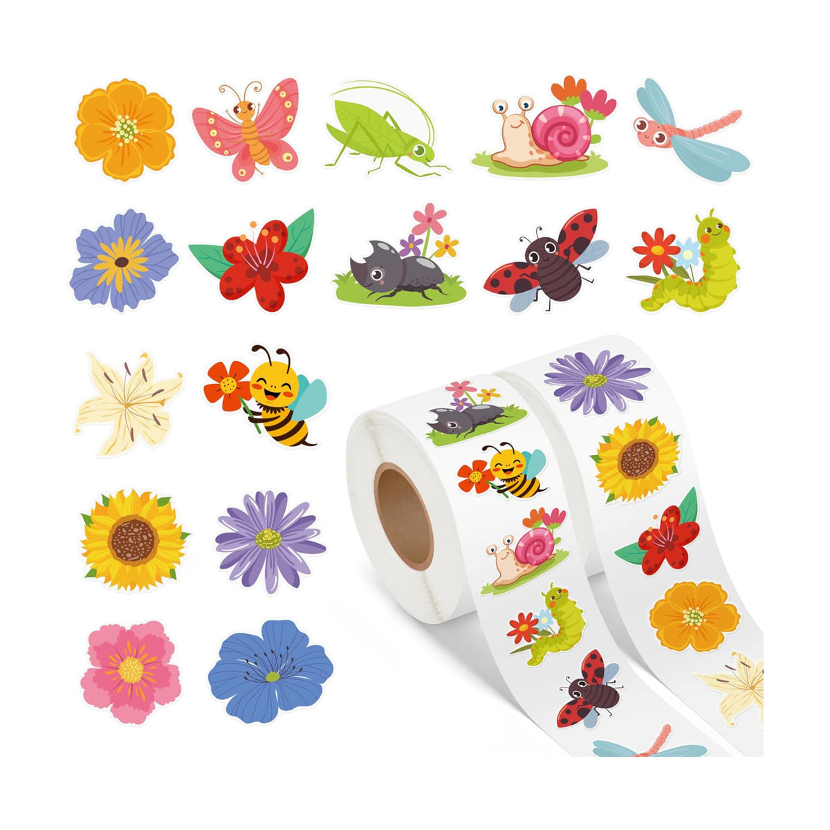 1000Pcs Spring Stickers for Kids, 2 Rolls Summer Flower Butterfly Insect Bugs Self Adhesive Label for Envelope Bottle Decor Seasonal Holiday DIY Crafts Classroom Rewards Party Favors Gifts, 16 Designs