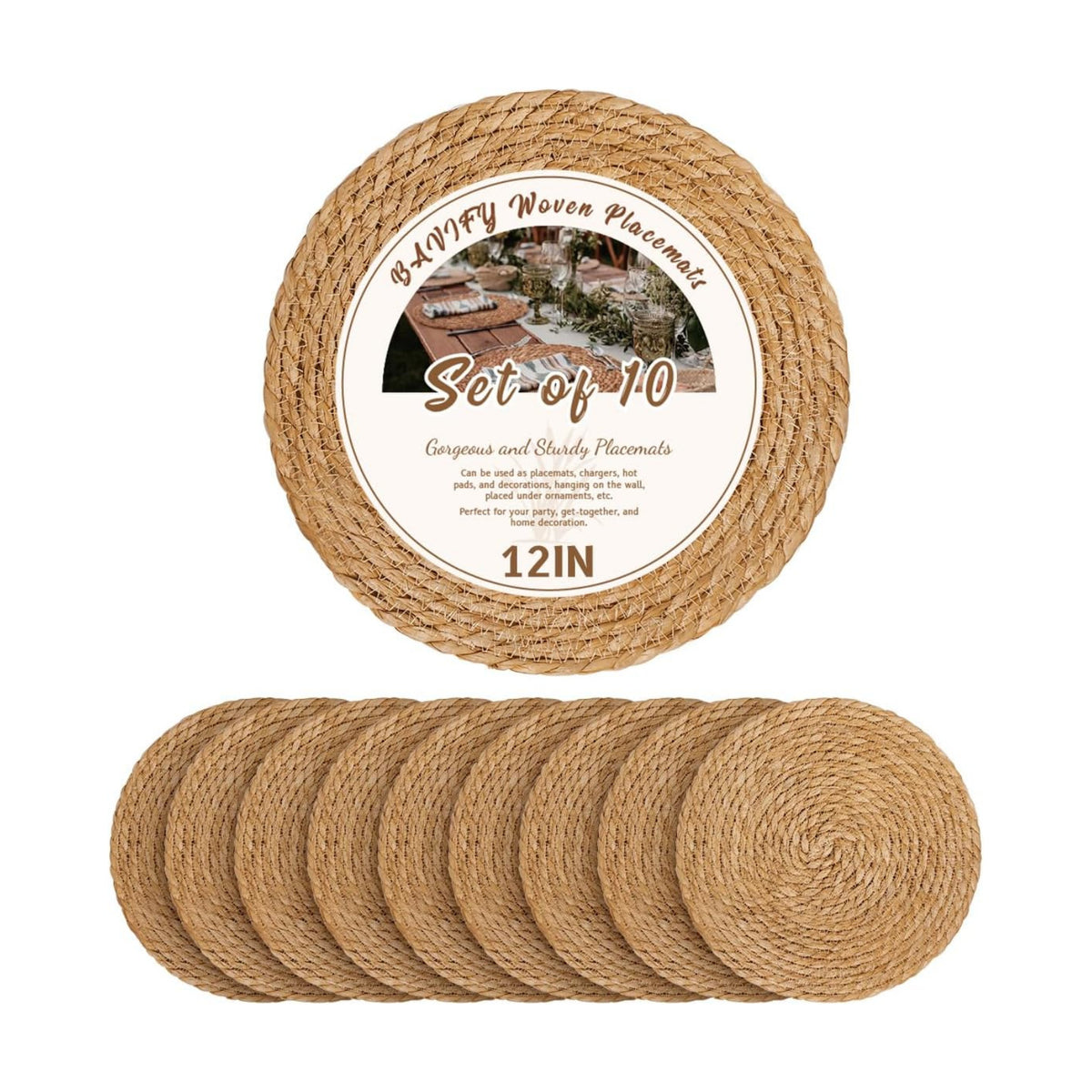 BAVIFY 12" Round Woven Placemats Set of 10, Plate Chargers for Dining Table