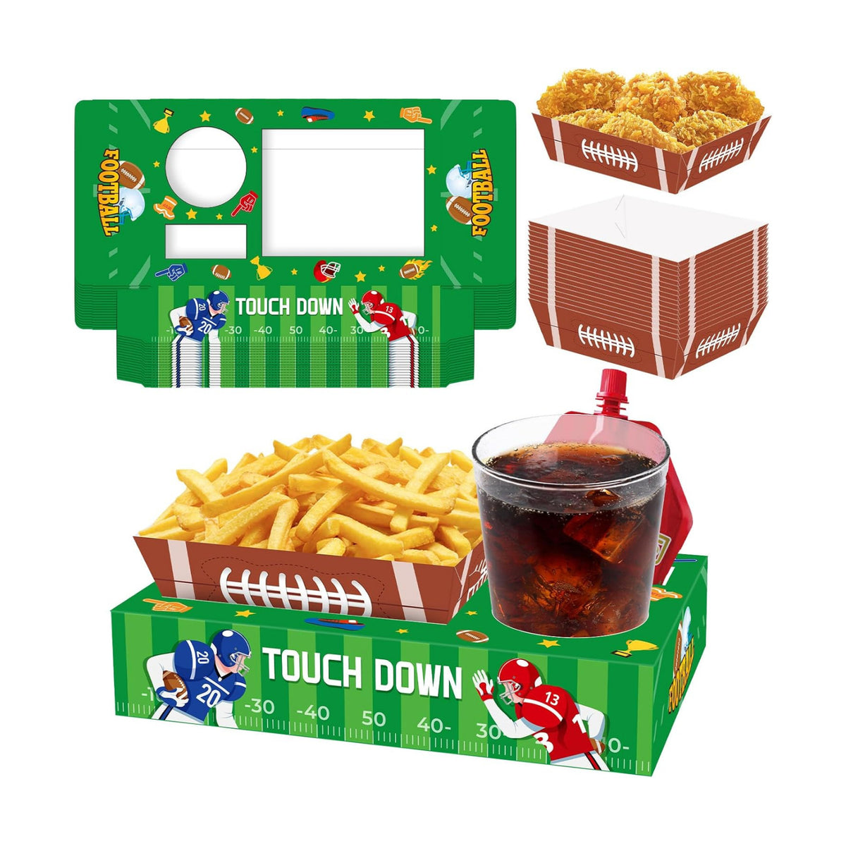 Jansun 36Pcs Football Serving Trays and Platters Candy Popcorn French Fries Snack Trays Football Movie Boxes for Snacks Tray Football Party Supplies