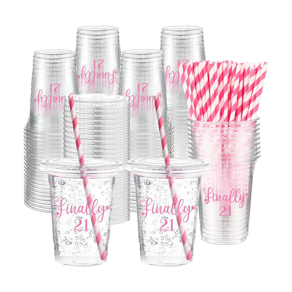 Funnymoom 50 Sets 21st Birthday Cups for Women 16 oz Plastic Cups with Lids and Straws Clear Happy Birthday Disposable Drinking glasses Bulk for Finally 21 Anniversary Party Supplies