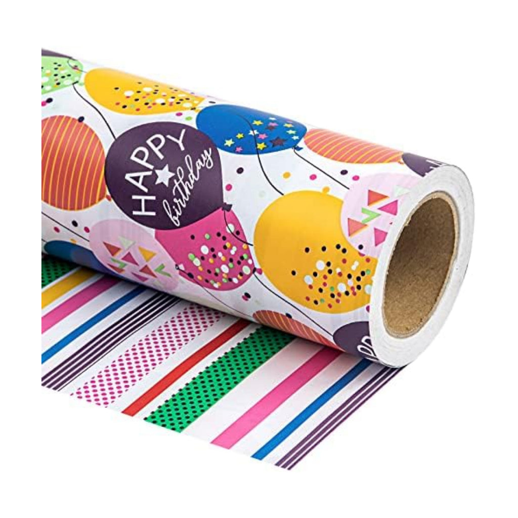 WRAPAHOLIC 30 Inch Reversible Birthday Wrapping Paper - 30 Inch x 33 Feet - Colorful Balloon with Confetti Design for Birthday, Baby Shower
