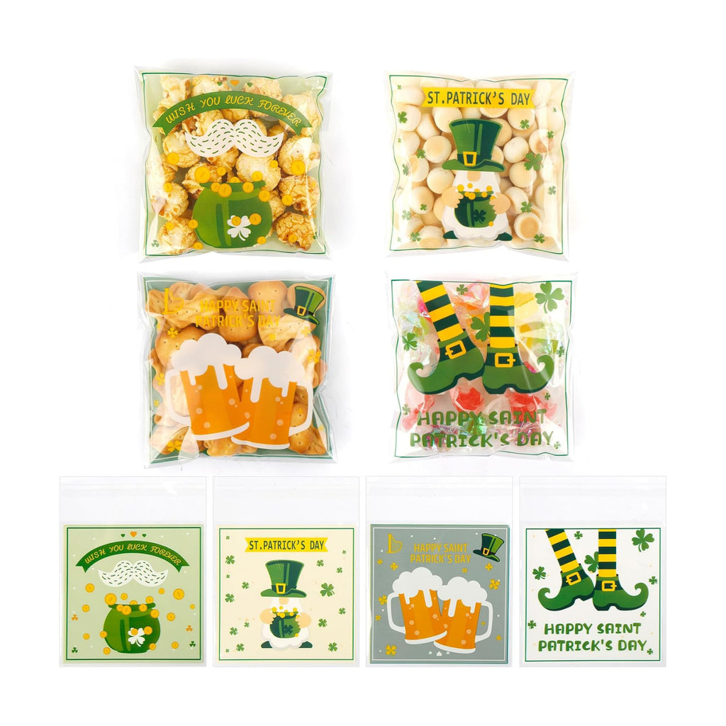 100 PCS Clear St Patricks Ziplock Bags, Plastic St Patricks Treat Gift Candy Goodie Snack Cookie Bags Party Favors Supplies for Gifts Giving Shamrock Bags Holiday Candy Bags Wrap