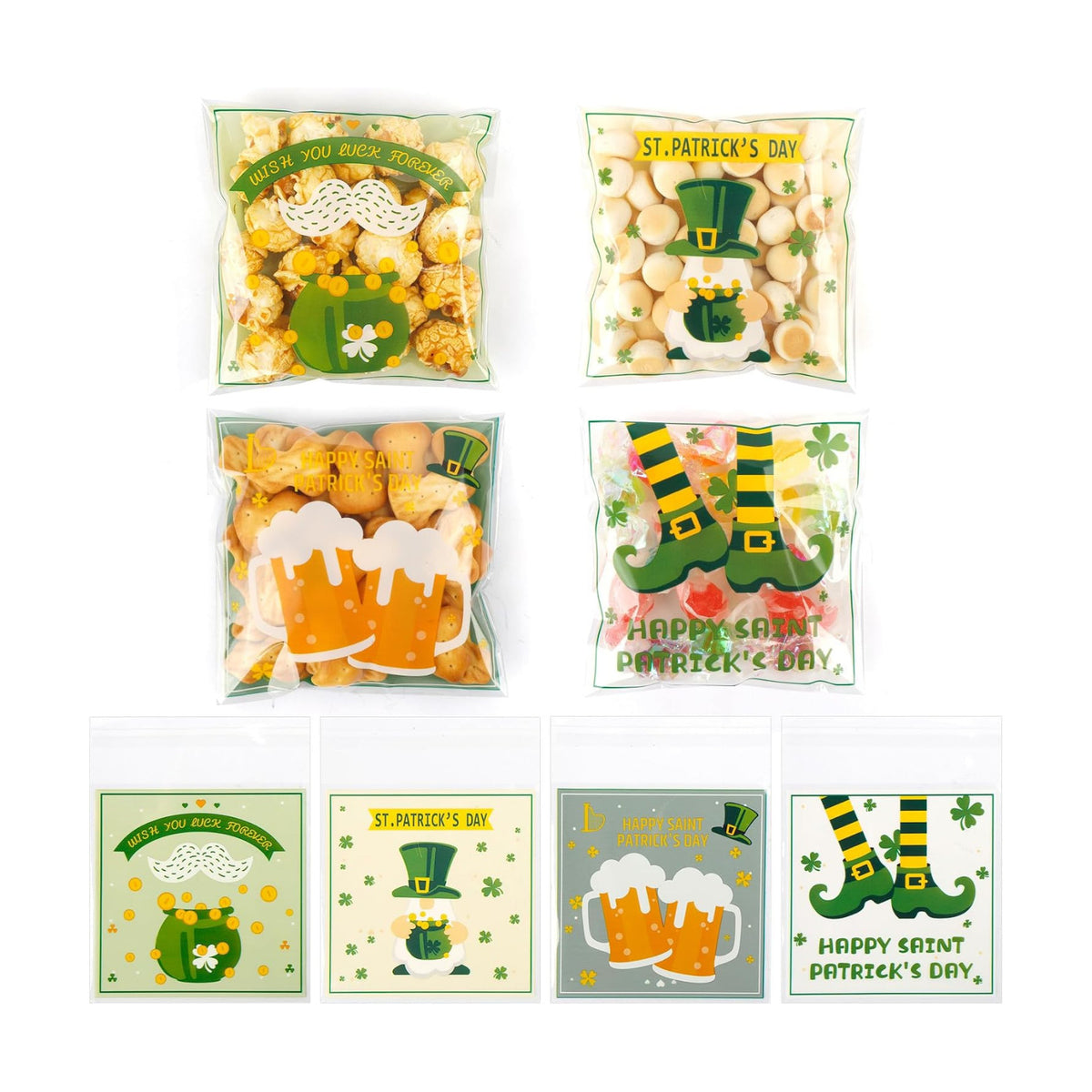 100 PCS Clear St Patricks Ziplock Bags, Plastic St Patricks Treat Gift Candy Goodie Snack Cookie Bags Party Favors Supplies for Gifts Giving Shamrock Bags Holiday Candy Bags Wrap