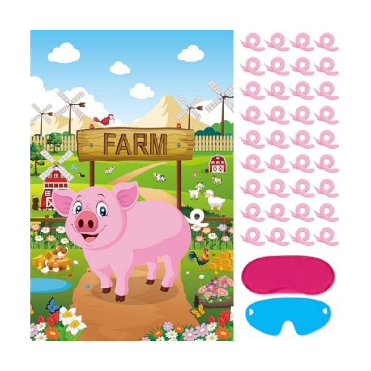 Hooqict Pin The Tail on The Pig Party Game Farm Birthday Party Games for Kids Farm Animal Party Decorations Pig Party Supplies, Large Pin The Tail Game Poster with 36 Tail Stickers
