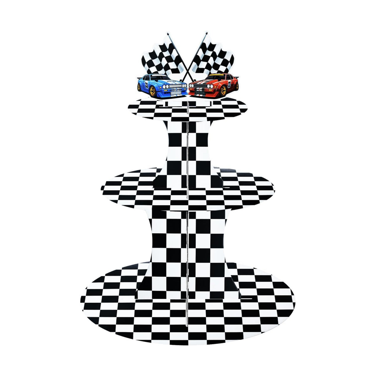 Gistome 3-Tier Racing Theme Cupcake Stand - 18 Inches Tall, Checkered Flag Design Dessert Stand Holder Display with Sports Car Topper for Race Car Party, Birthday, and Racing Theme Decorations