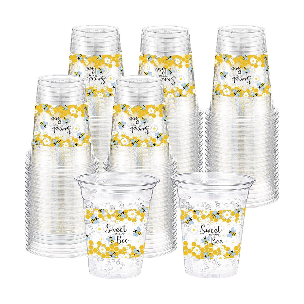 Funnymoom 60 Pack Bee Theme Cup 12 oz Honeycomb Disposable Clear Plastic Drinking Cups Bulk for Bee Day Birthday Baby Shower Party Decorations Favors