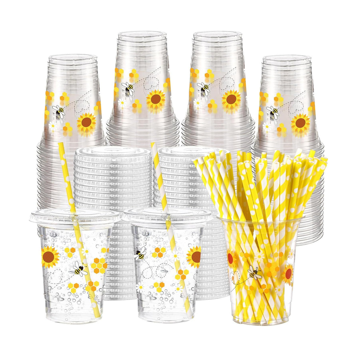 Funnymoom 50 Sets Bee Theme Party Supplies Honeybee Plastic Cups with Lids and Straws 16 oz Clear Honeybee Disposable Drinking Cups Bulk for Bee Theme Party Favors Birthday Baby Shower Supplies
